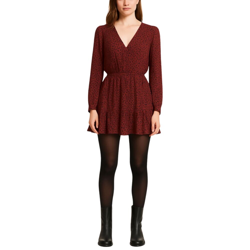 Zara Mini Dress Women's Medium Red Abstract Dot V Neck Ruffle‎ Hem Flow